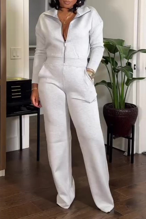 Casual Zip Up Stand Collar Jumpsuit