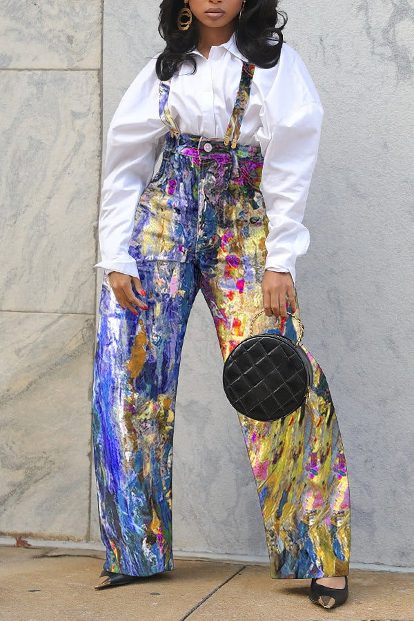 Colourful Abstract Print High Waist Detachable Overalls