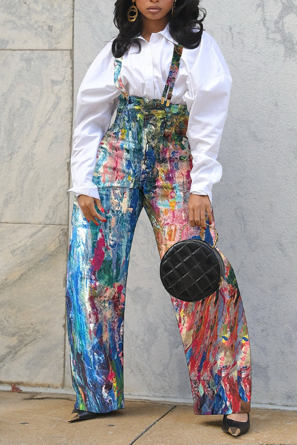 Colourful Abstract Print High Waist Detachable Overalls