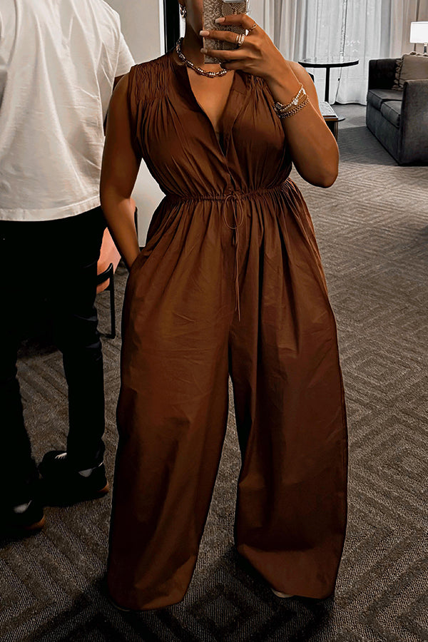 Casual V-Neck Wide Leg Solid Jumpsuit