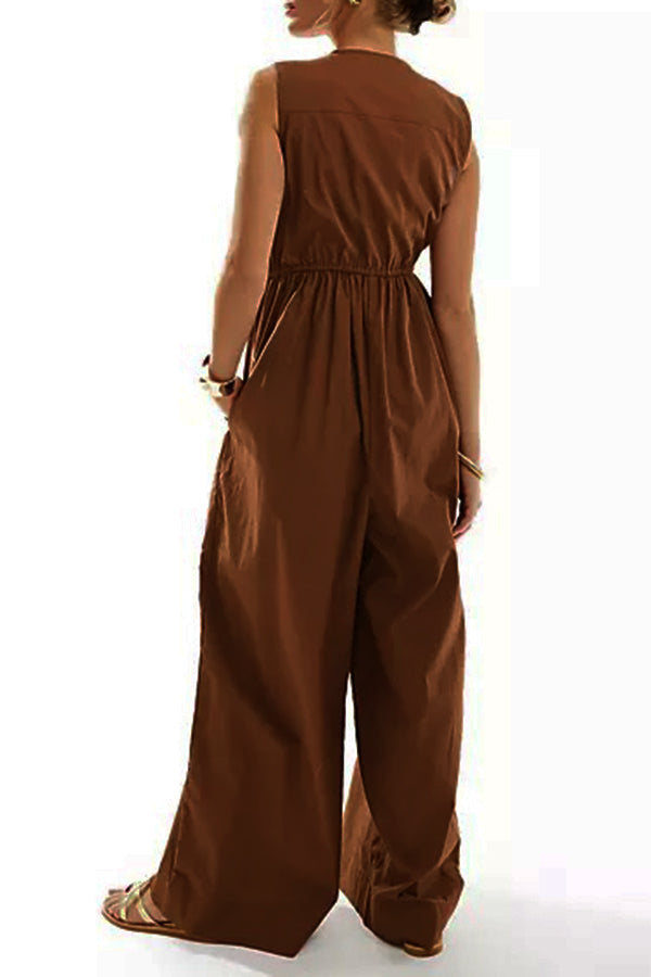 Casual V-Neck Wide Leg Solid Jumpsuit