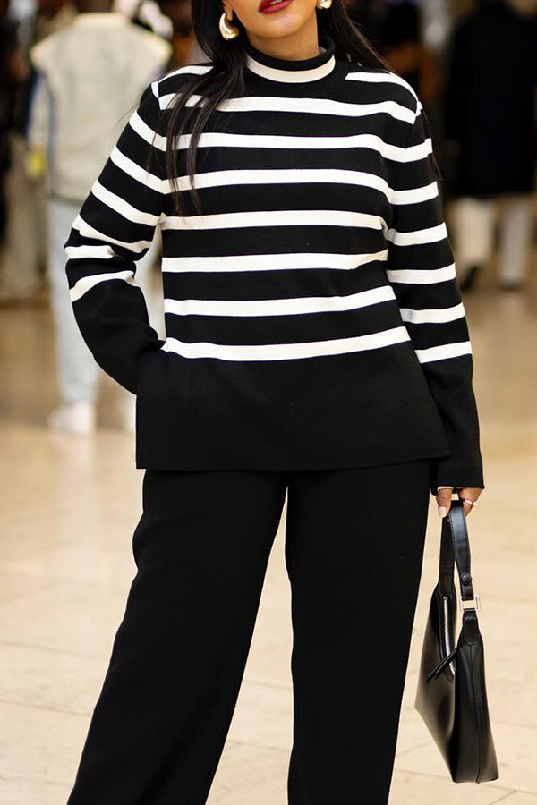 Classic Mock Neck Striped Loose Sweater