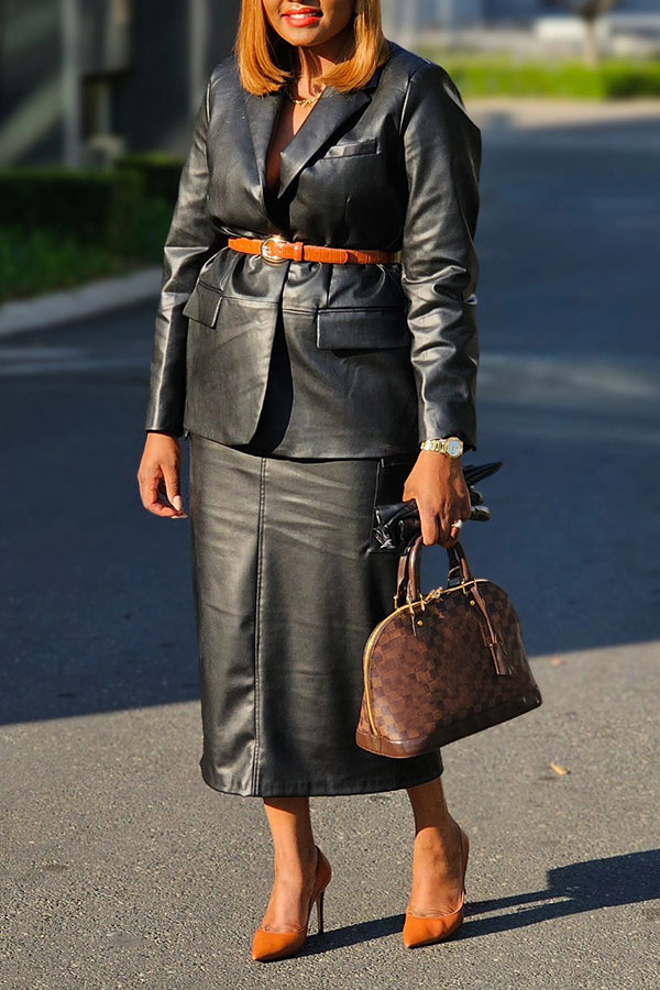 Classic Lapel Neck Leather Blazer & Skirt Set