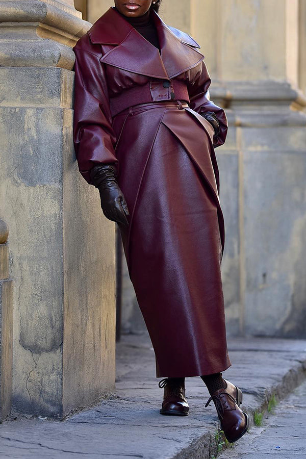 Stylish Elastic Hem Leather Coat & Ruched skirt Set