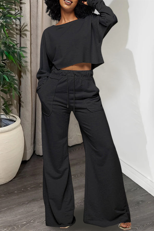 Casual Raw Cut Top & Wide Leg Pants Set