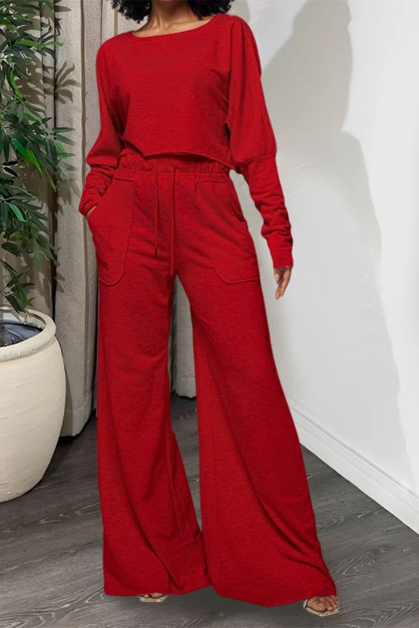 Casual Raw Cut Top & Wide Leg Pants Set