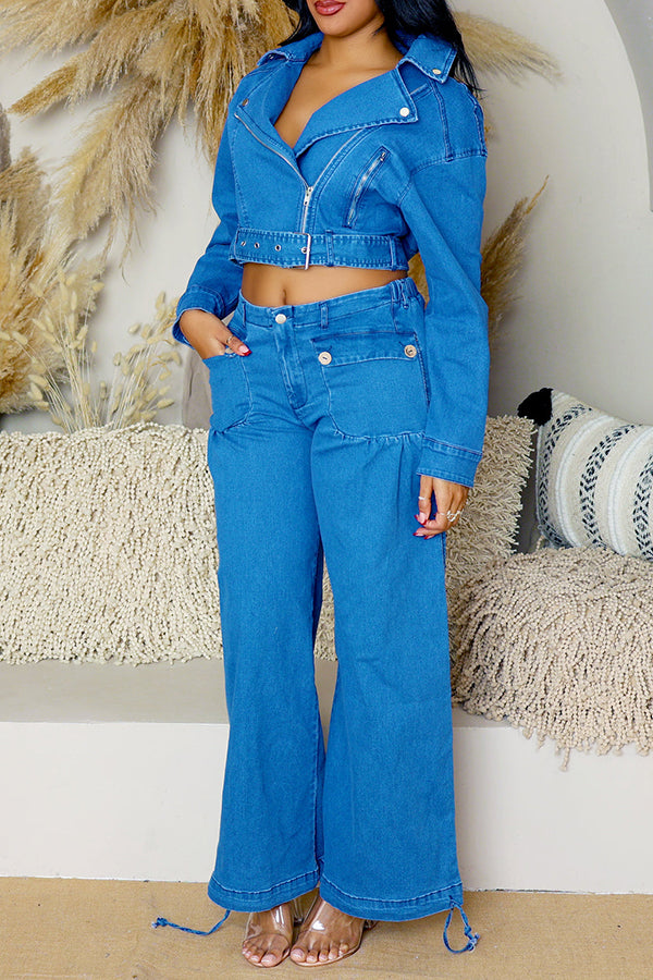 Stylish Lapel Neck Waistband Denim Coat & Pants Set