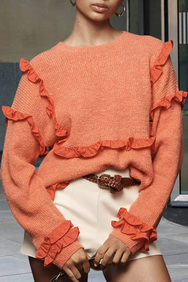 Casual Self Contrast Round Neck Ruffle Sweater