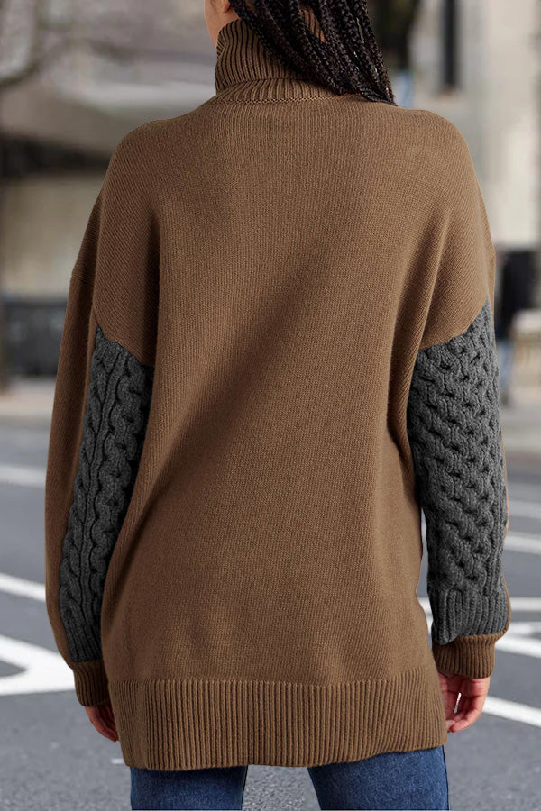 Paneled Ribbed And Cable-Knit Turtleneck Sweater