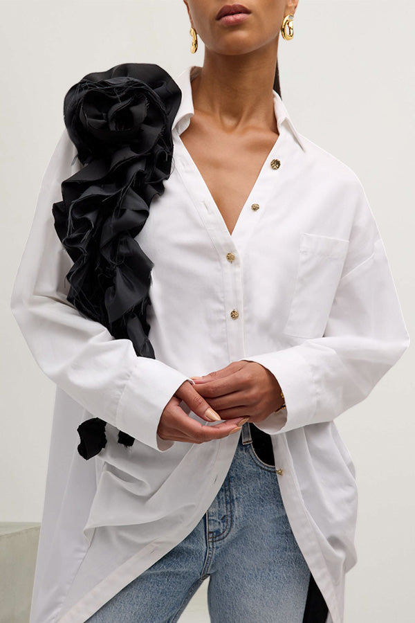 Stylish Flower Ruffle High-Low Hem Shirt