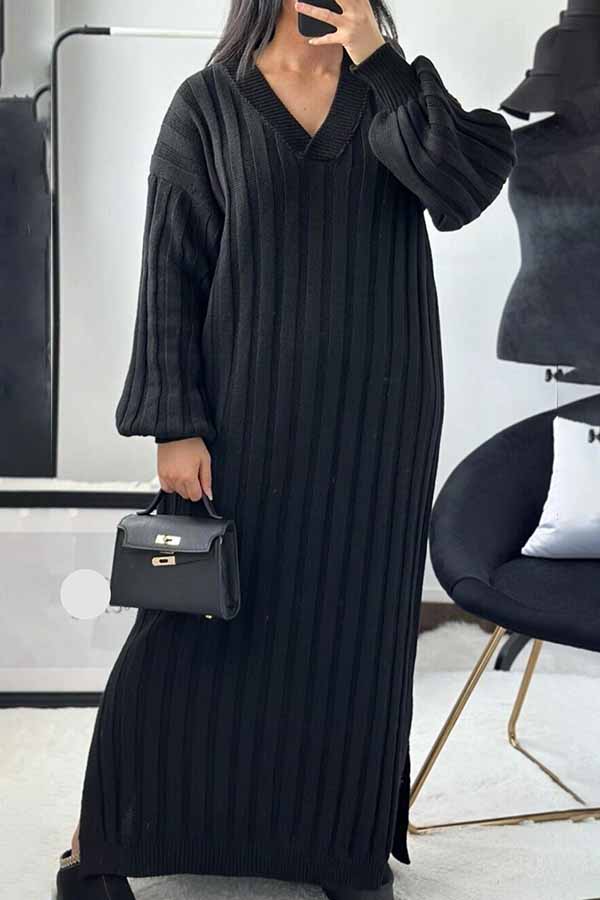 Casual V-Neck Lantern Sleeve Oversized Jumper Dress