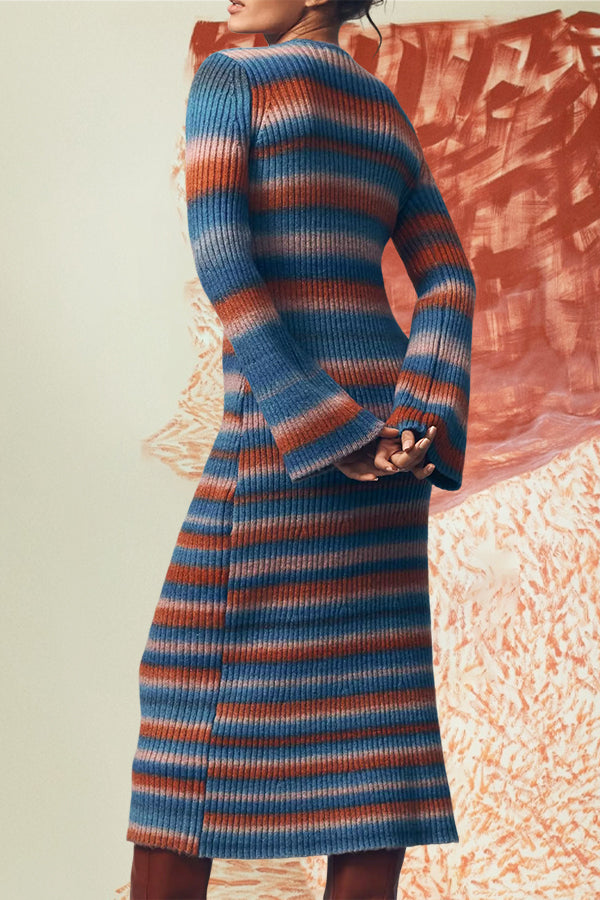 Chic Striped Long-Sleeve Knit Midi Dress