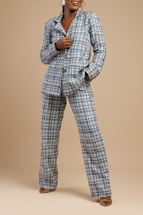 Chic Lapel Neck Plaid Blazer & Tailored Pants Set