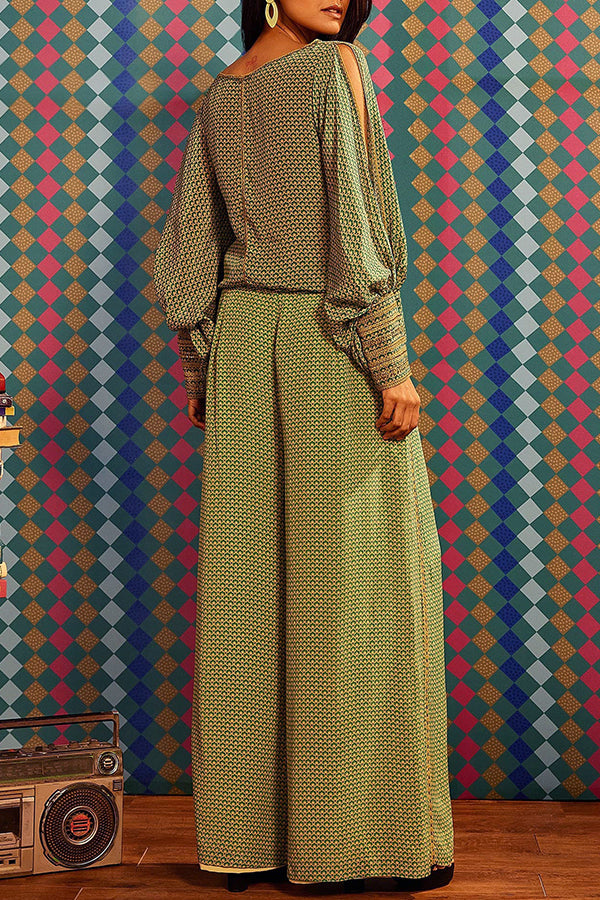 Vintage Hollow Sleeves Crepe Print Top & Pants Set