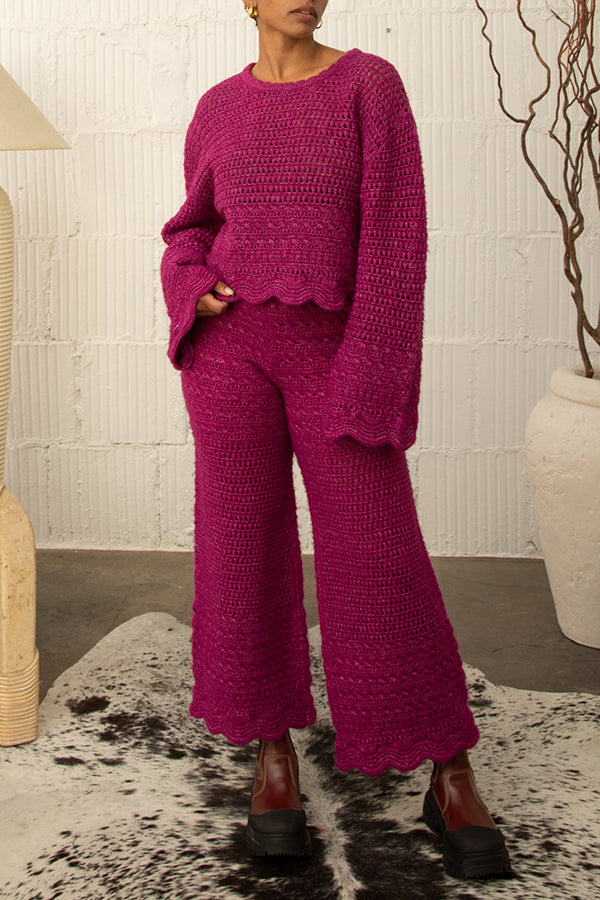 Chic Textured Knit Crochet Sweater & Pants Set