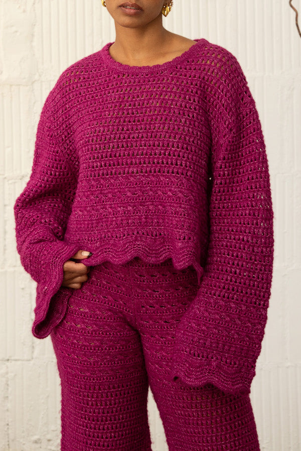 Chic Textured Knit Crochet Sweater & Pants Set