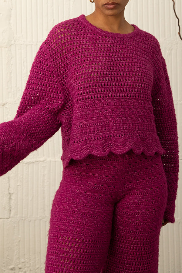 Chic Textured Knit Crochet Sweater & Pants Set