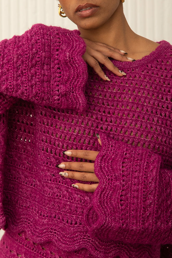 Chic Textured Knit Crochet Sweater & Pants Set