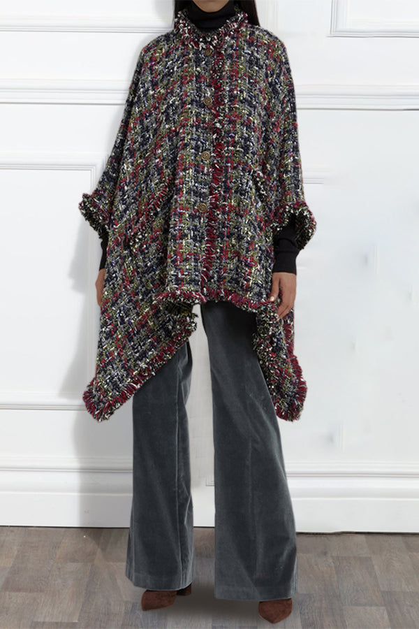 Stylish Raw Trim Multicolor Tweed Cape