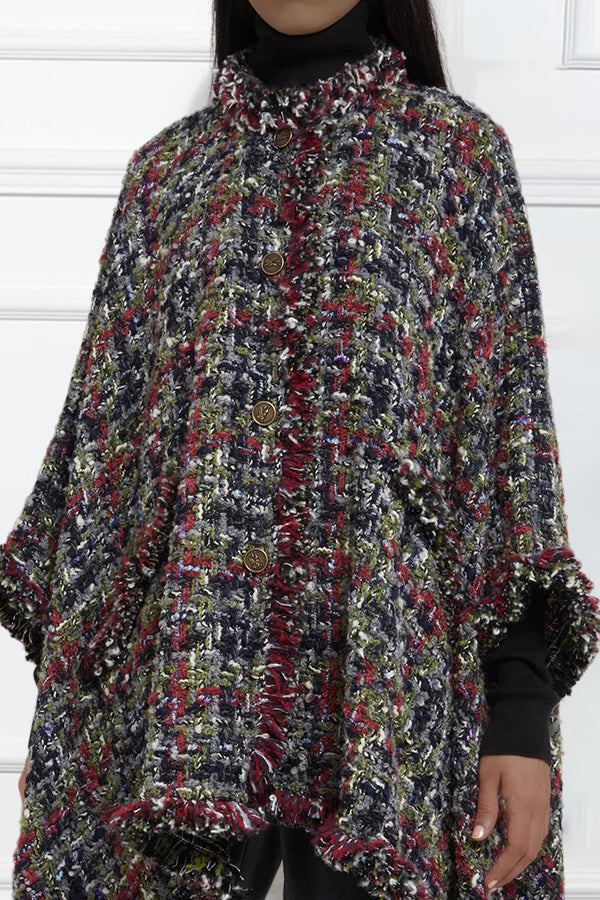 Stylish Raw Trim Multicolor Tweed Cape