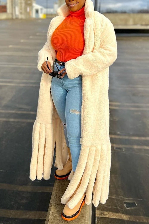 Stylish Fringe Hem Faux Fur Long Coat Outerwear