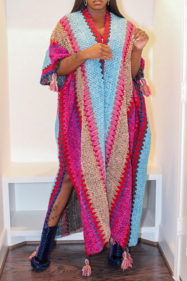 Casual Open Front With Tassels Maxi Sweater 