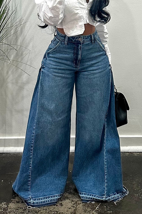 Casual Solid High Waist Wide-Leg Jeans