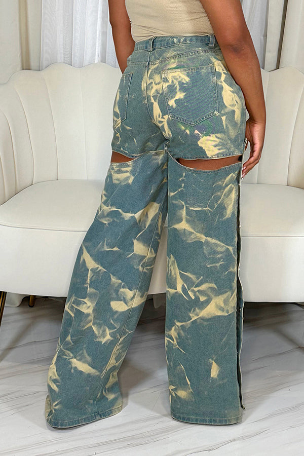 Stylish Tie Dye Split Hem Straight Leg Jeans