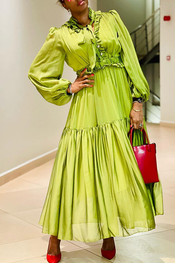 Elegant Lantern Sleeve Frill Trim Maxi Dress