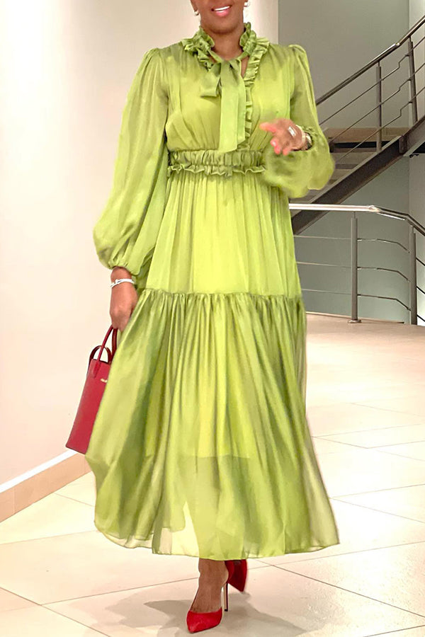 Elegant Lantern Sleeve Frill Trim Maxi Dress