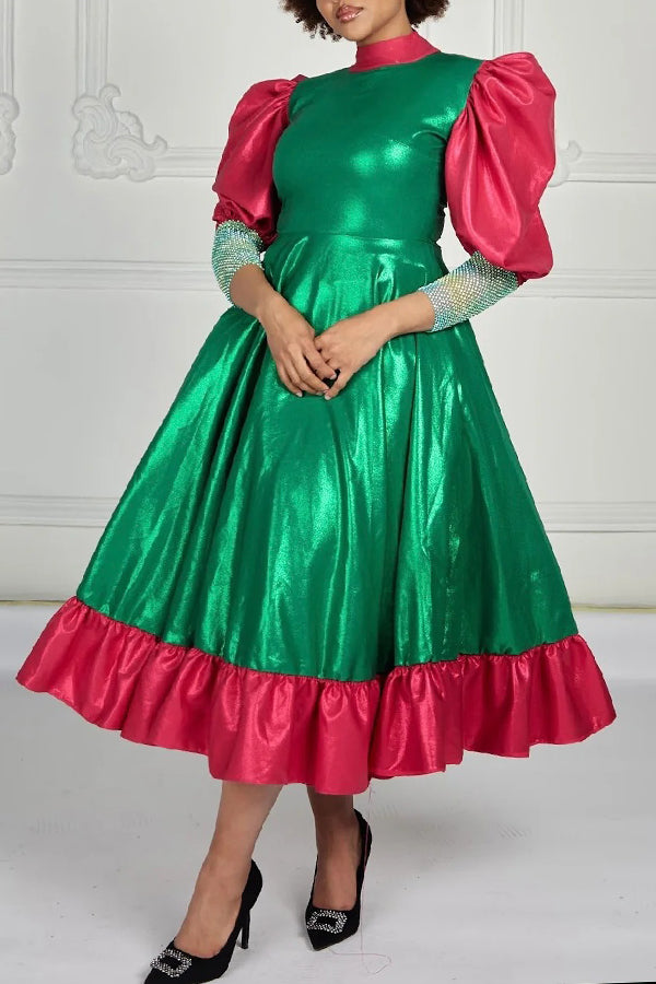 Elegant Gigot Sleeve Ruffle Hem Colorblock Dress