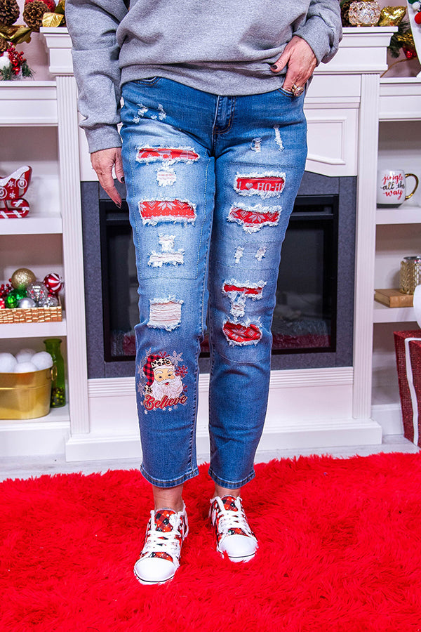 Casual Distressed Christmas Print Patch Jeans