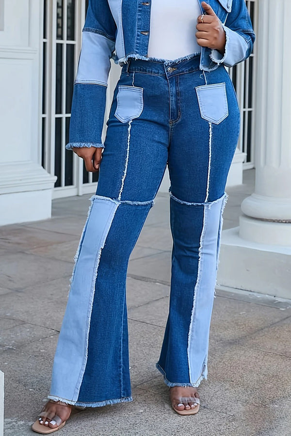 Casual Raw Trim Colorblock Flared Leg Jeans