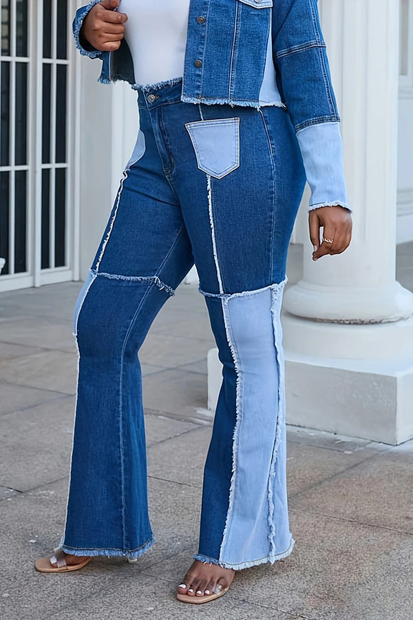 Casual Raw Trim Colorblock Flared Leg Jeans