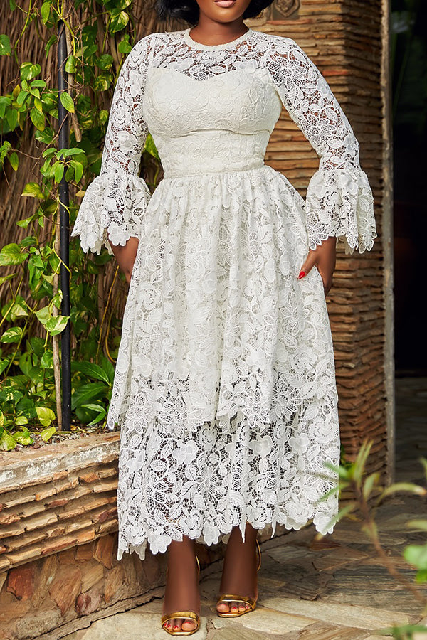 Elegant Hollow Lace Layered Ruffle Maxi Dress