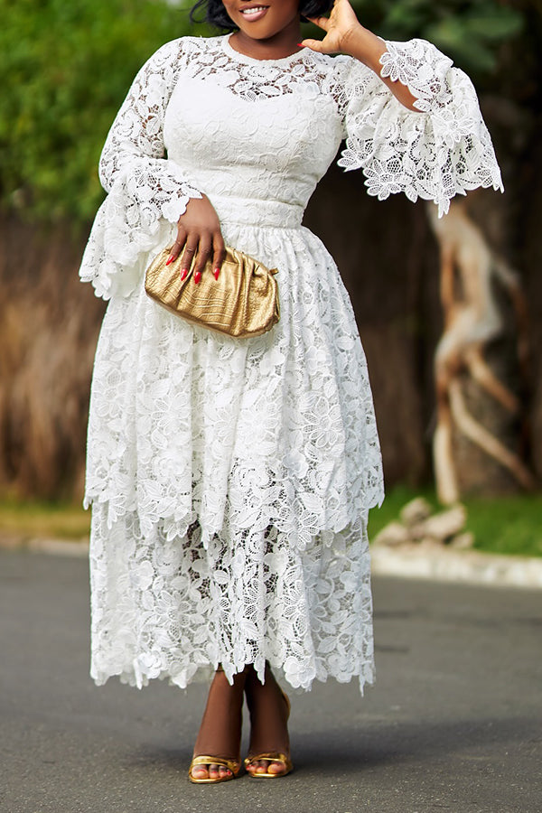 Elegant Hollow Lace Layered Ruffle Maxi Dress