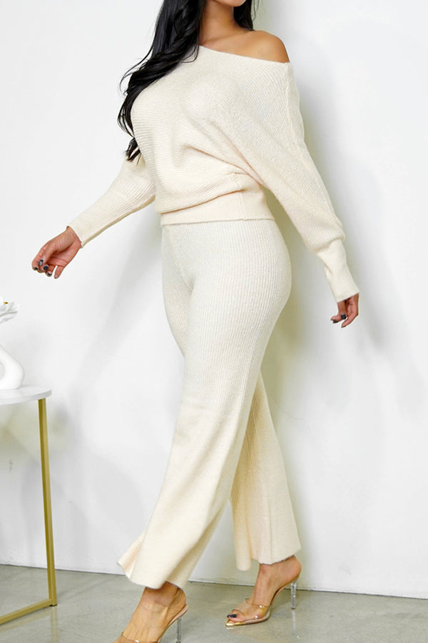 Casual Off Shoulder Sweater & Wide Leg Pants Set