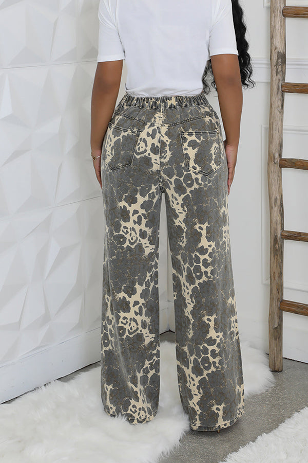 Stylish Allover Print Ripped Wide Leg Jeans