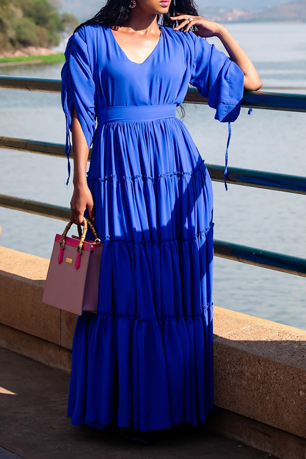 Stylish Drawstring Sleeves Ruffle Hem Maxi Dress