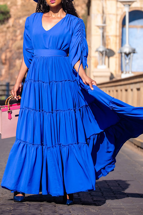 Stylish Drawstring Sleeves Ruffle Hem Maxi Dress