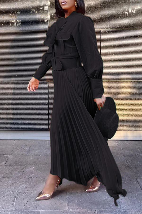 Stylish Lantern Sleeve Pleats Maxi Dress