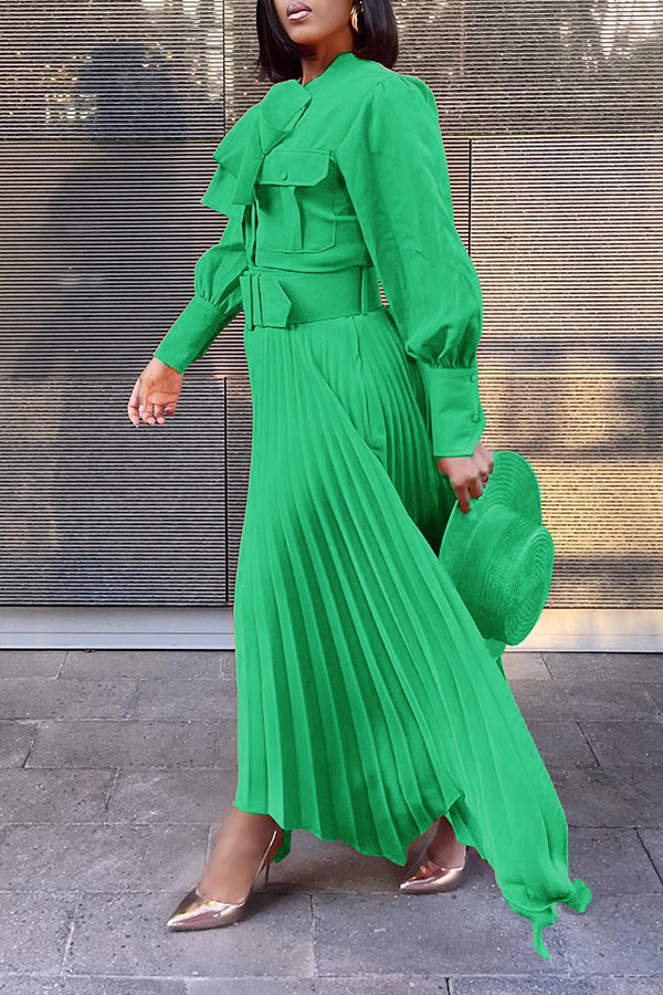 Stylish Lantern Sleeve Pleats Maxi Dress