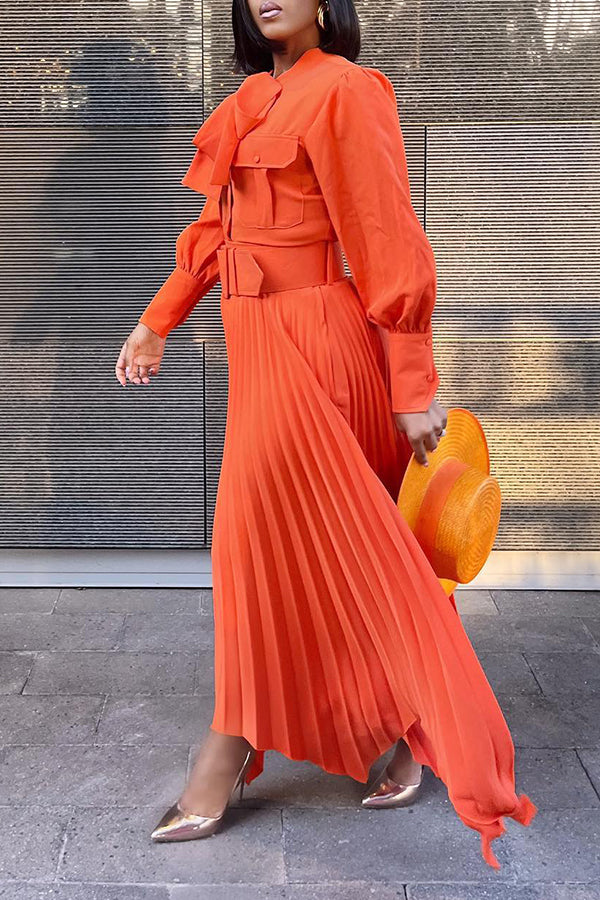 Stylish Lantern Sleeve Pleats Maxi Dress