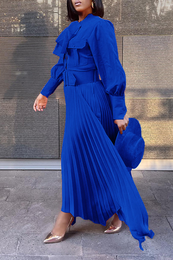 Stylish Lantern Sleeve Pleats Maxi Dress