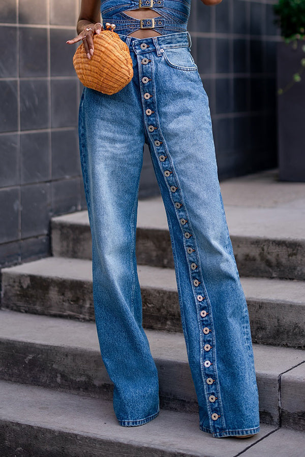 Stylish Unique Design Breasted Wide Leg Jeans