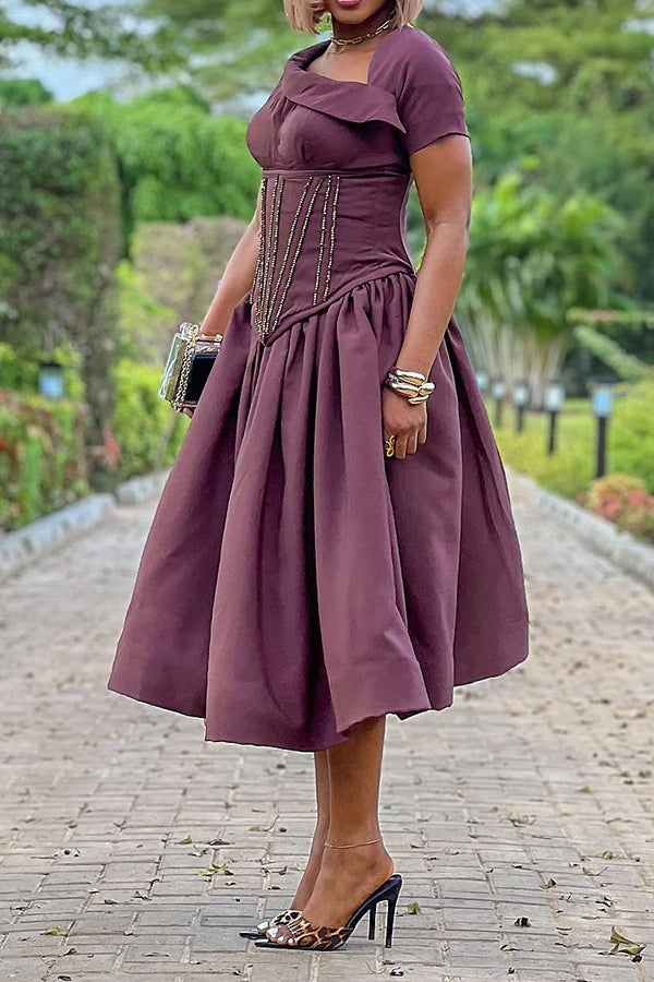 Elegant Asymmetrical Neck A-Line Midi Dress