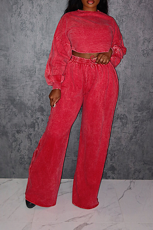 Casual Round Neck Sweatshirt & Wide Leg Pants Set