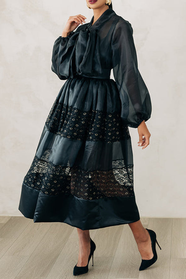 Elegant Mesh Shirt & Embroidered Mesh Splicing Skirt Set