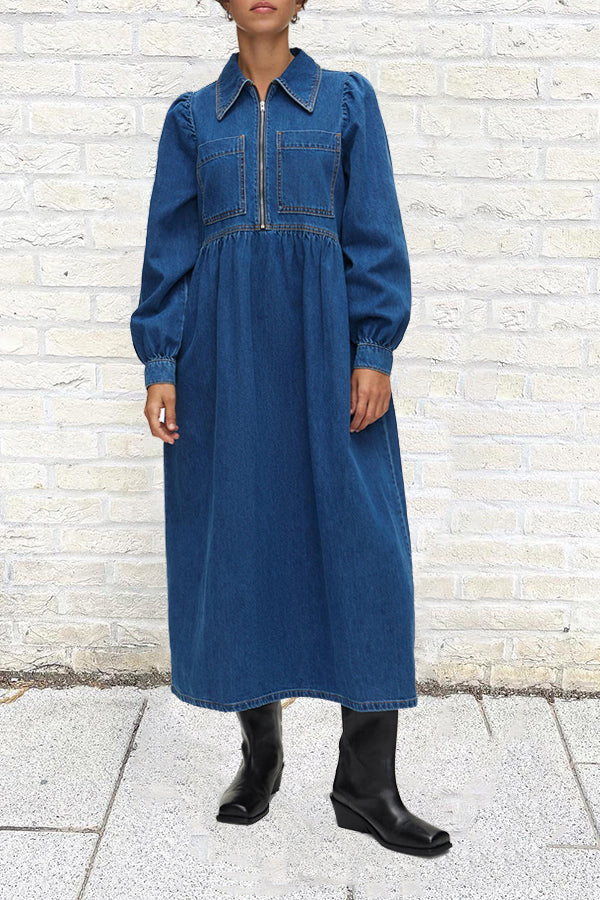 Casual Lantern Sleeve Loose Denim Midi Dress