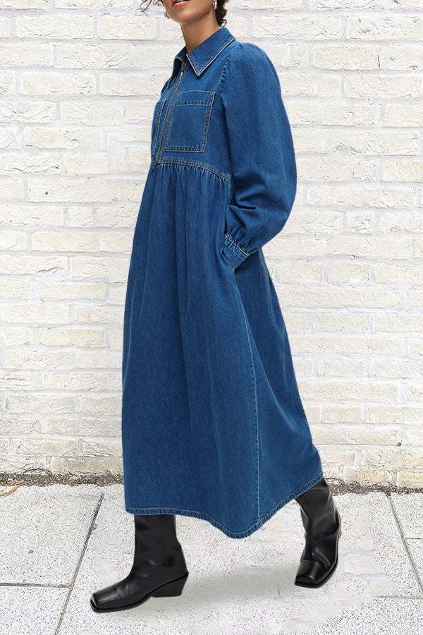 Casual Lantern Sleeve Loose Denim Midi Dress